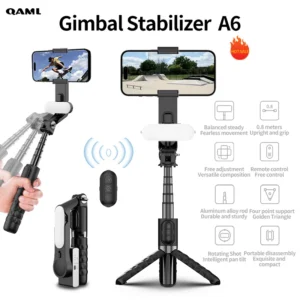 QAML A6 2025 1-axis handheld gimbal stabilizer w/ selfie stick/tripod, wireless remote, 400mAh Li-ion battery, USB charging, iOS - Fagaare 1.1