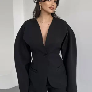 Elegant V-neck Blazers Coat Pants Set Women Solid Single Button Suit Coats Straight Long Trousers 2025 Autumn Office Lady Outfit - Fagaare1.1